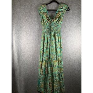 Boemo Maxi Dress Women M Teal Blue Gold Paisley Smocked Waist Tiered Ruffle Boho